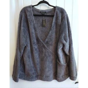 Ashley Stewart Sweater Women's 4X Plus Gray Teddy Bear Fleece V-Neck Cozy NWT